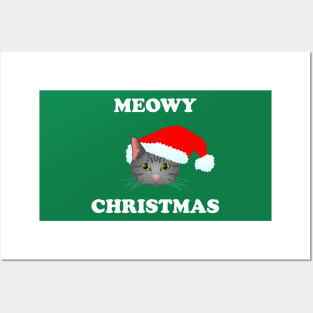 Meowy Christmas: Grey Tabby (White) Posters and Art